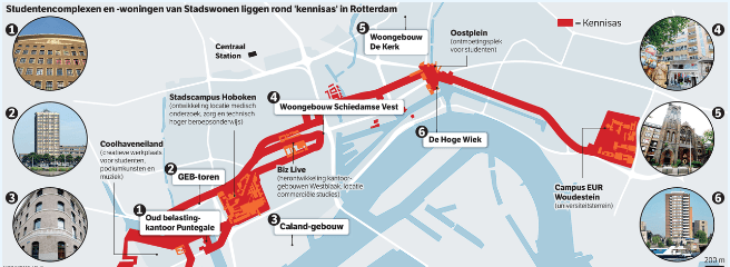 kaart met woongebouwen voor studenten en de onderwijsinstellingen in Rotterdam