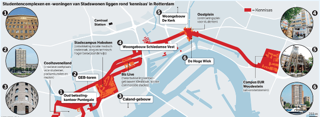 Kaart van de KennisAs met woongebouwen van Stadswonen en de onderwijsinstellingen in Rotterdam