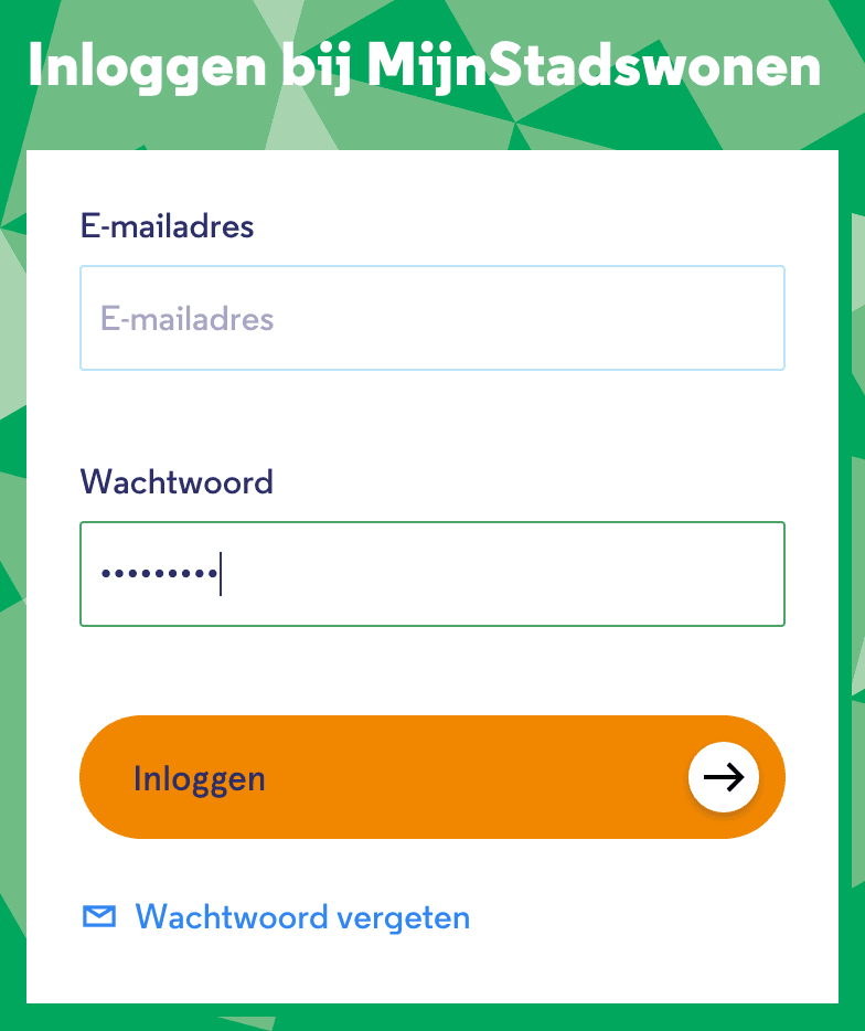 Inlogscherm MijnStadswonen met de gegevens ingevuld