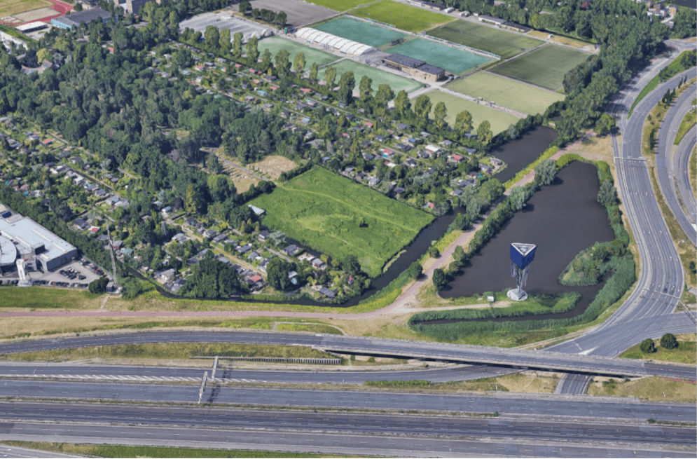 Een luchtfoto van de plek waar het Toepad moet komen