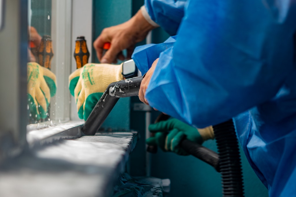 Twee mensen in blauwe pakken werken aan de kozijnen van een studentenwoning.