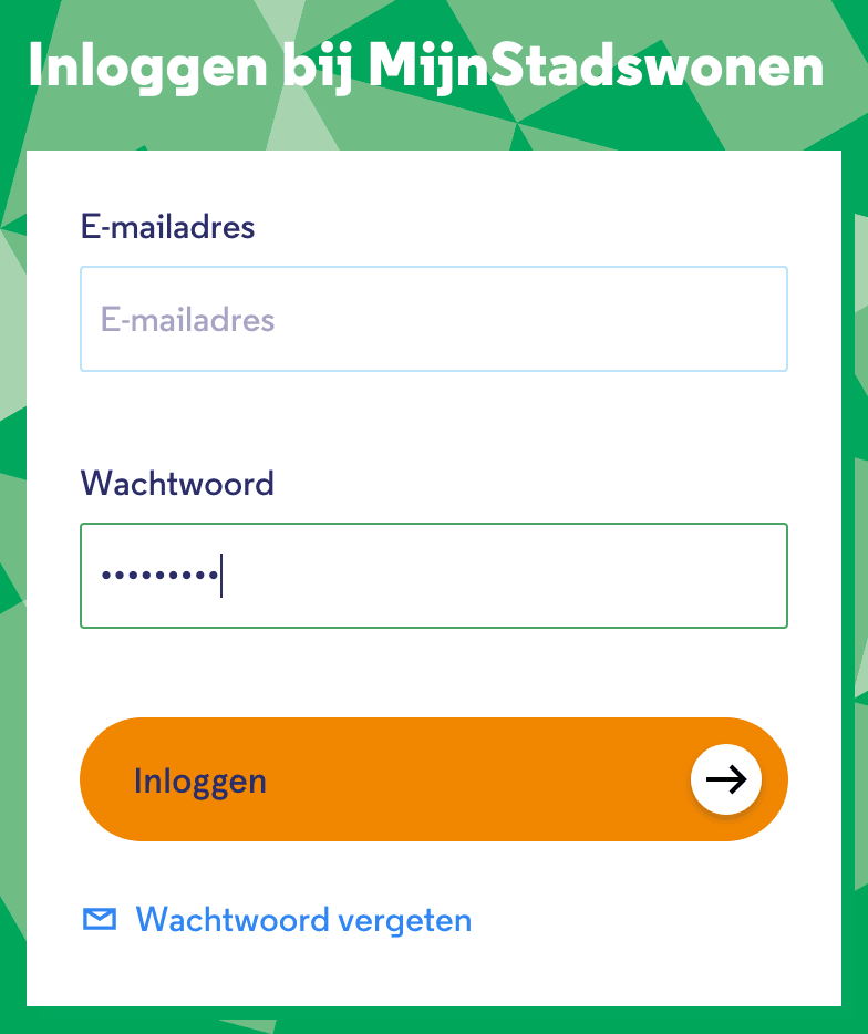 Inlogscherm MijnStadswonen met de gegevens ingevuld